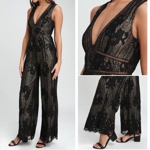 Lulu's She's a Queen Black and Gold Lace Sleeveless Jumpsuit